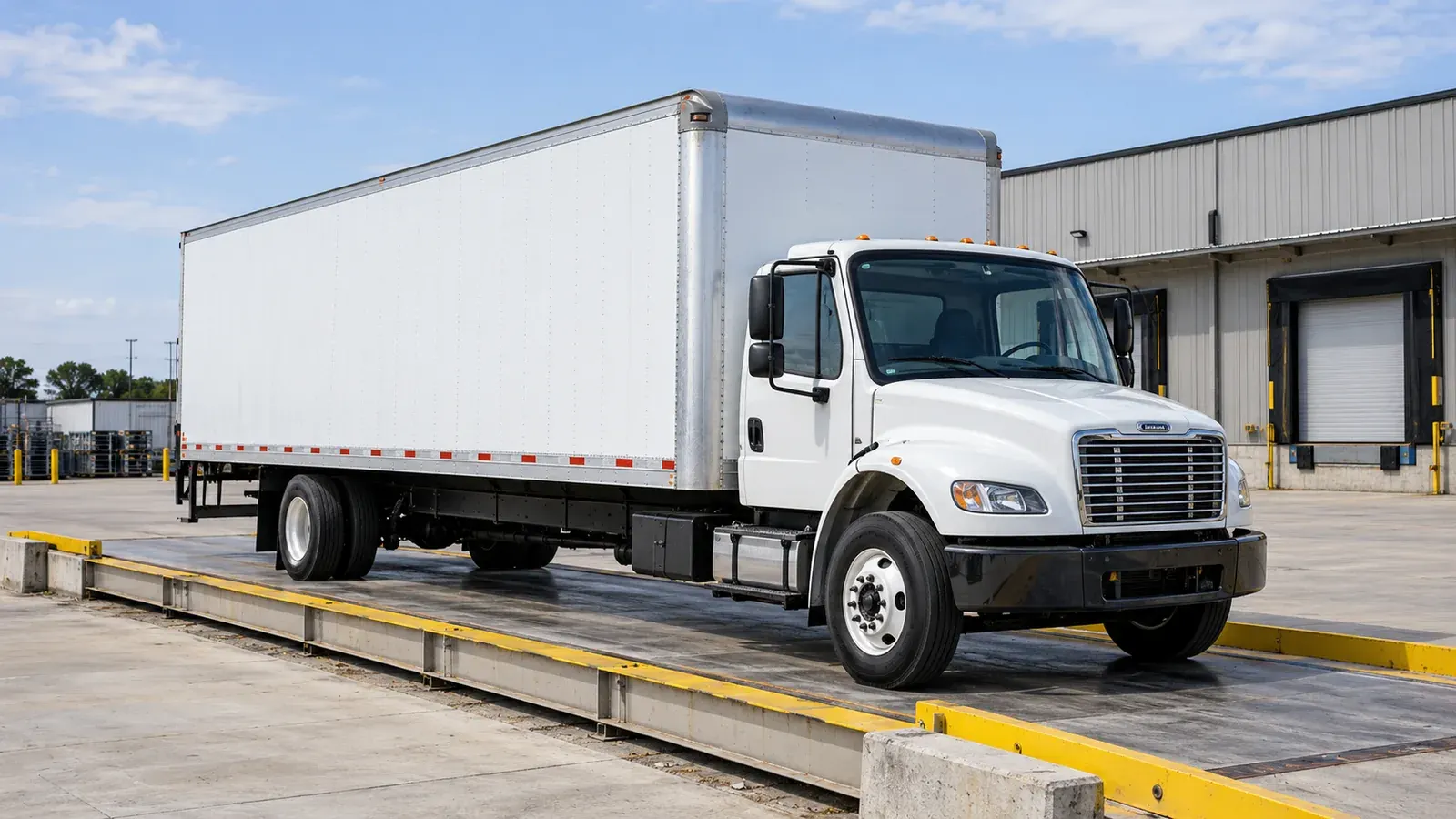 White 26-foot box truck on a weighbridge outside a distribution warehouse.