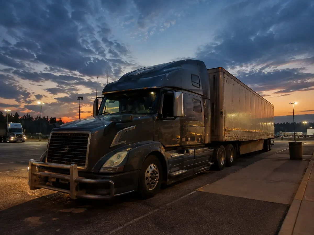 Commercial truck parked at a rest area while the driver completes required off-duty time