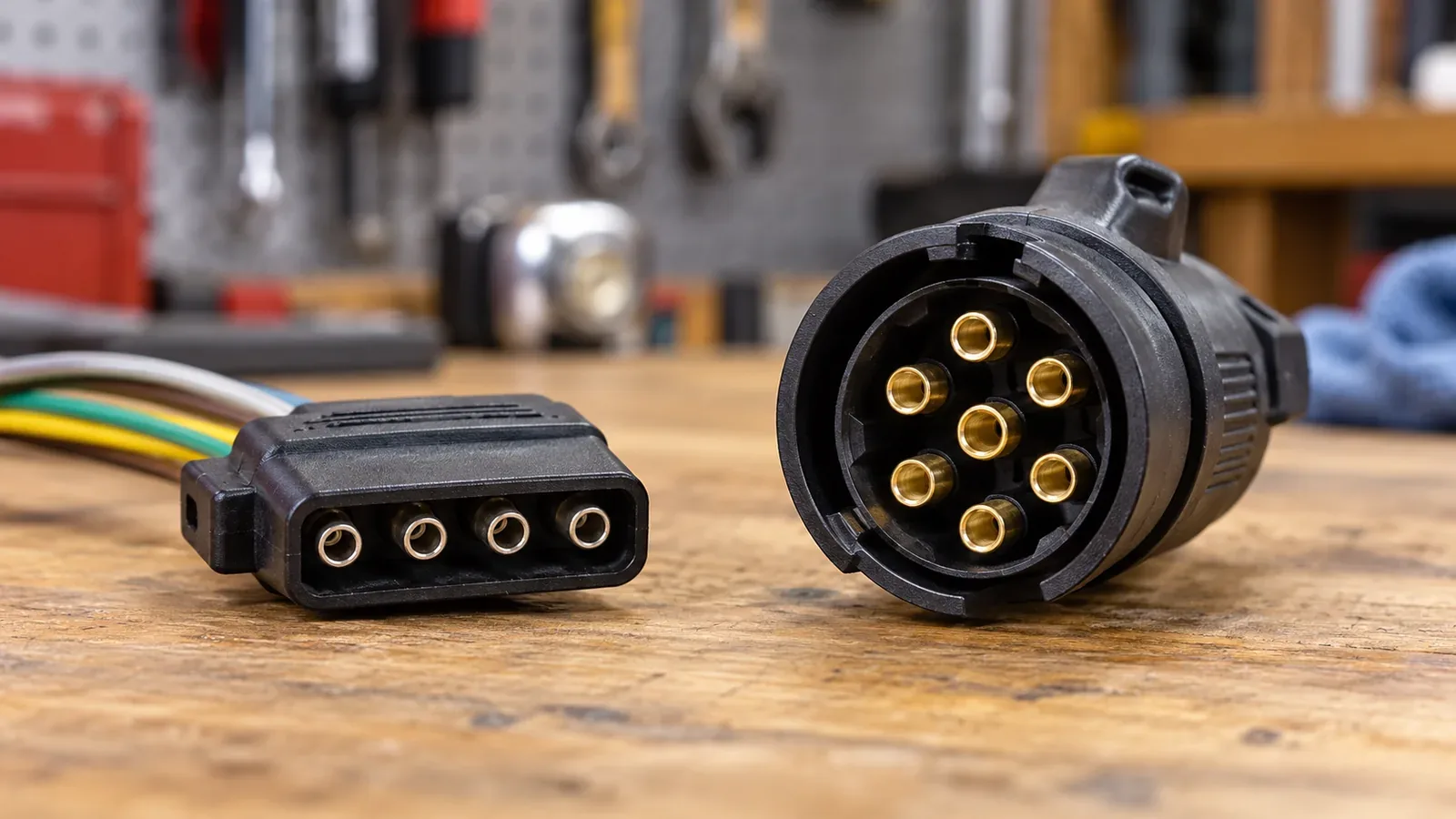 A four-pin flat trailer connector and a seven-pin round connector on a workbench.