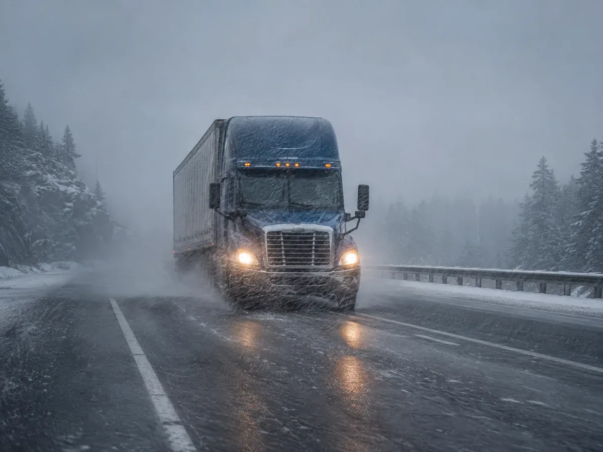 Commercial truck operating cautiously through unexpected severe winter weather and difficult highway conditions