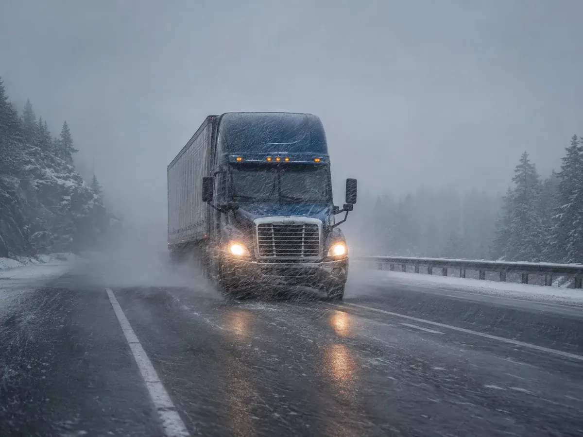 Commercial truck operating cautiously through unexpected severe winter weather and difficult highway conditions