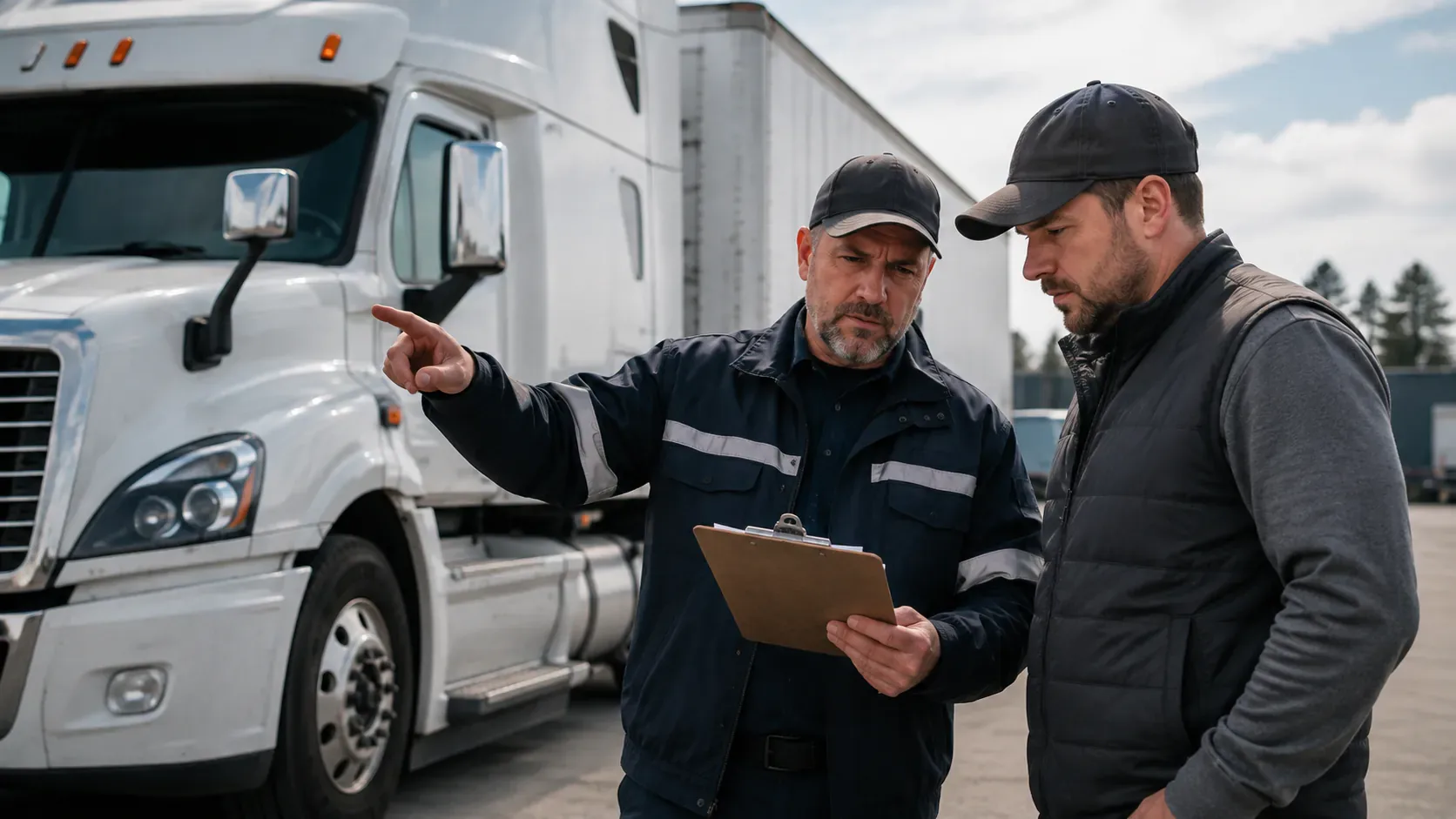 Transportation inspector explaining serious compliance violations to a commercial truck operator