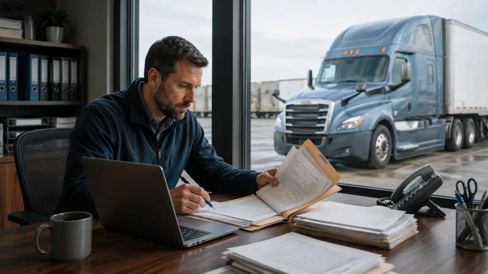 Trucking business owner reviewing insurance filing documents in an office