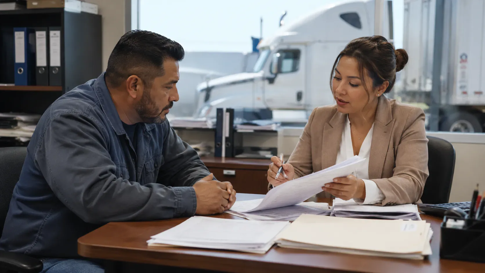 New motor carrier discussing filing documents with a business adviser in a trucking office