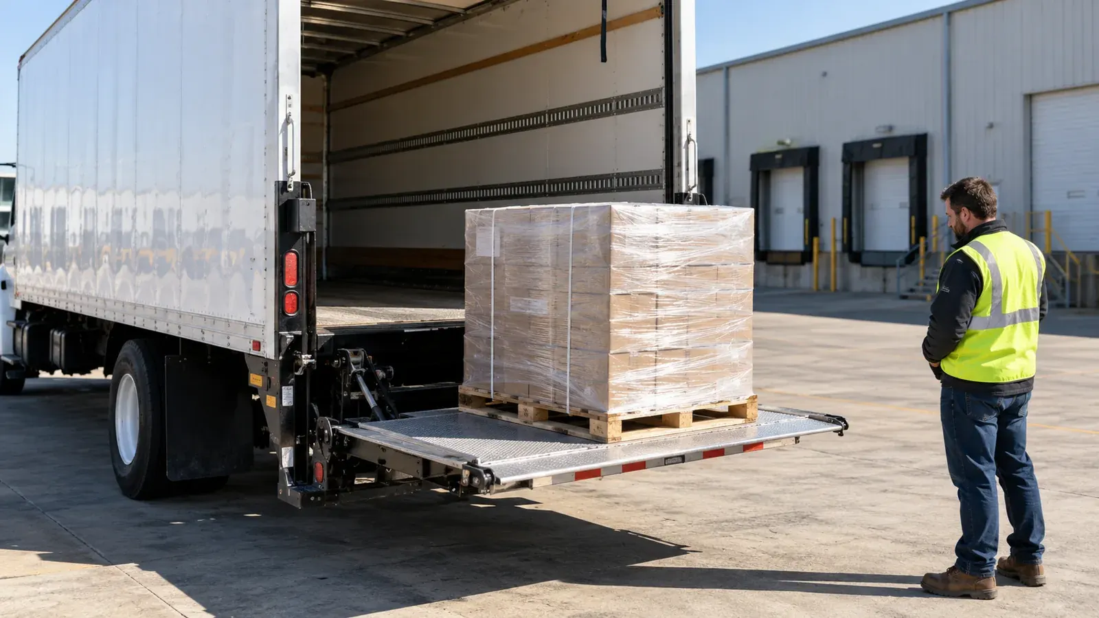 A secured pallet on the lowered liftgate of a box truck at a loading dock.