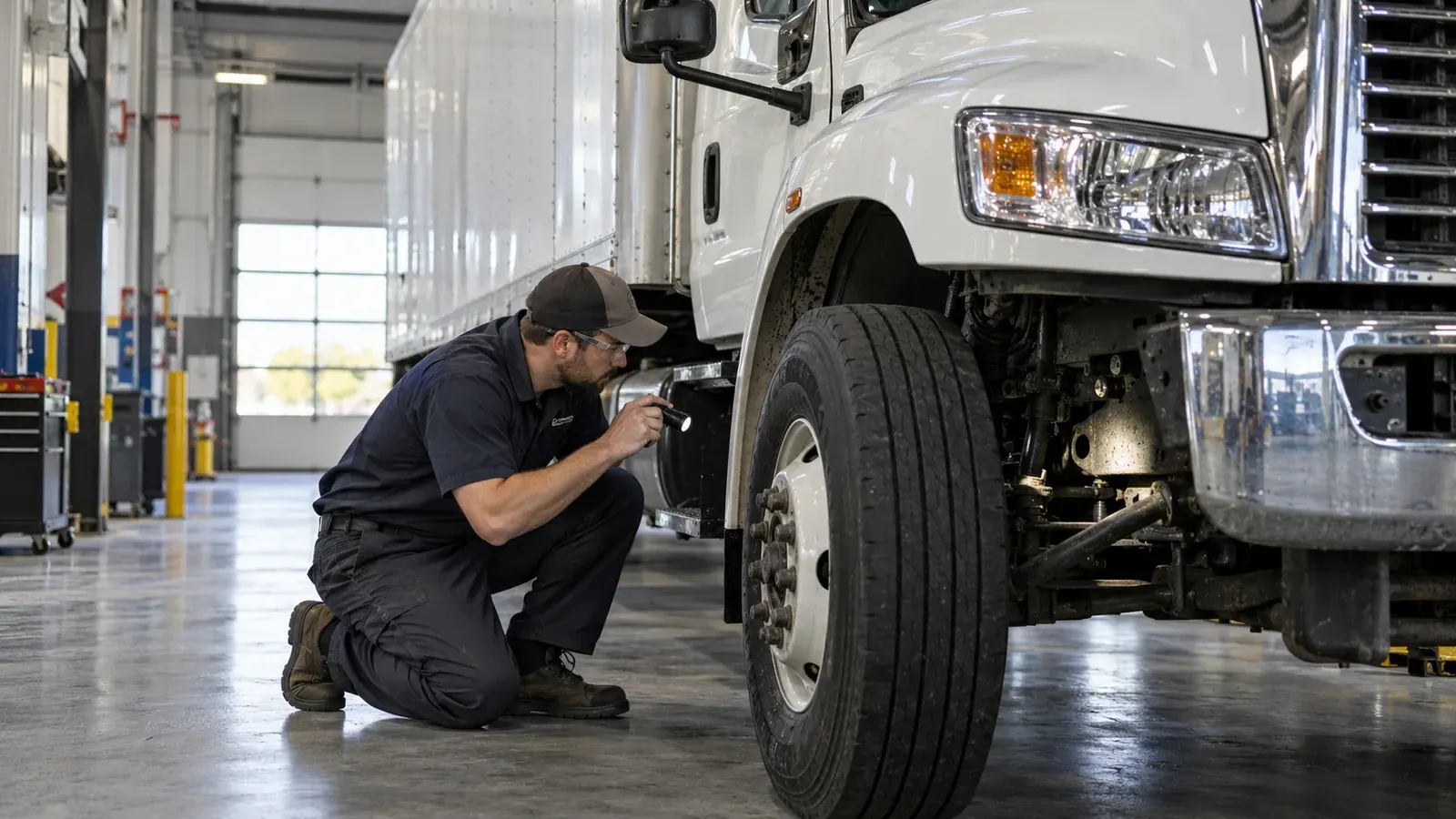 Truck technician inspecting the front wheel and suspension of a box truck.