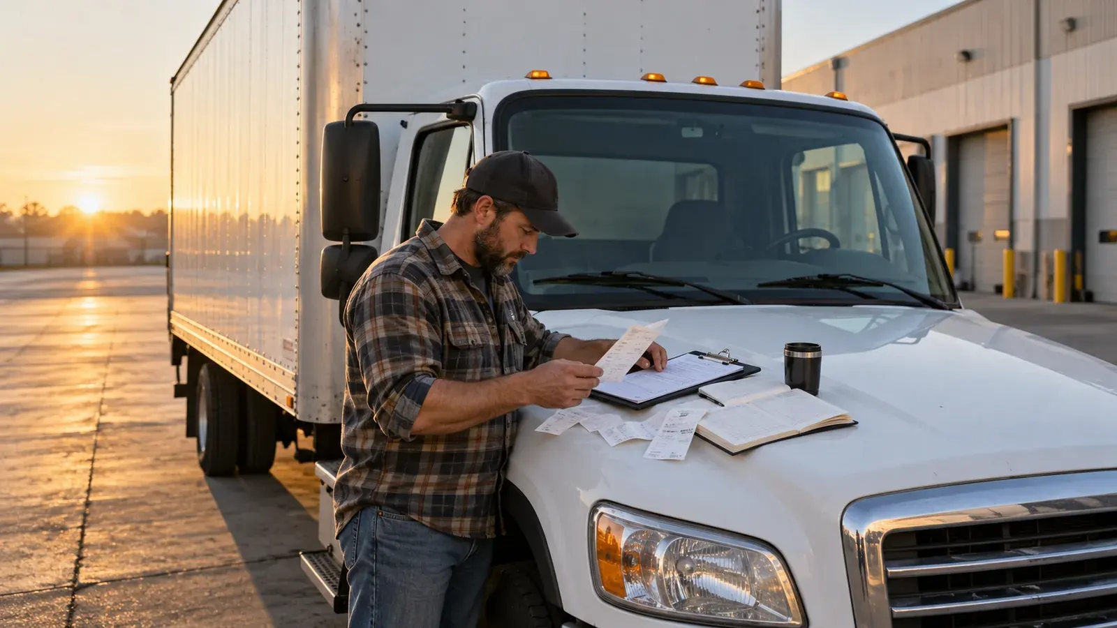 Delivery truck operator reviewing receipts and operating costs beside a box truck.
