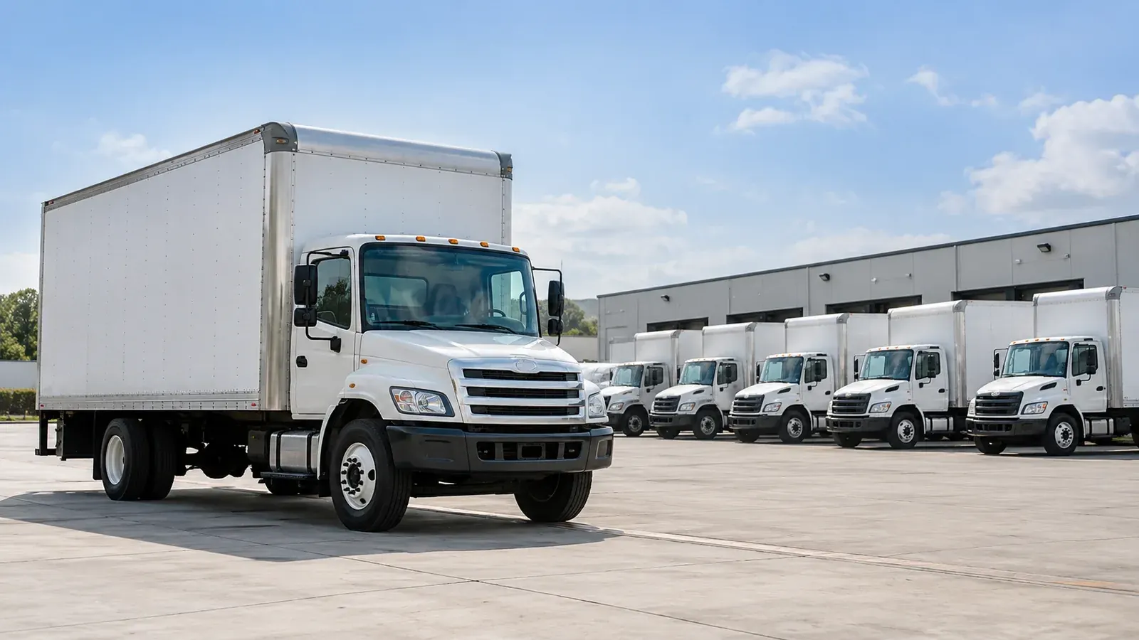 Commercial box truck fleet parked at a vehicle depot.