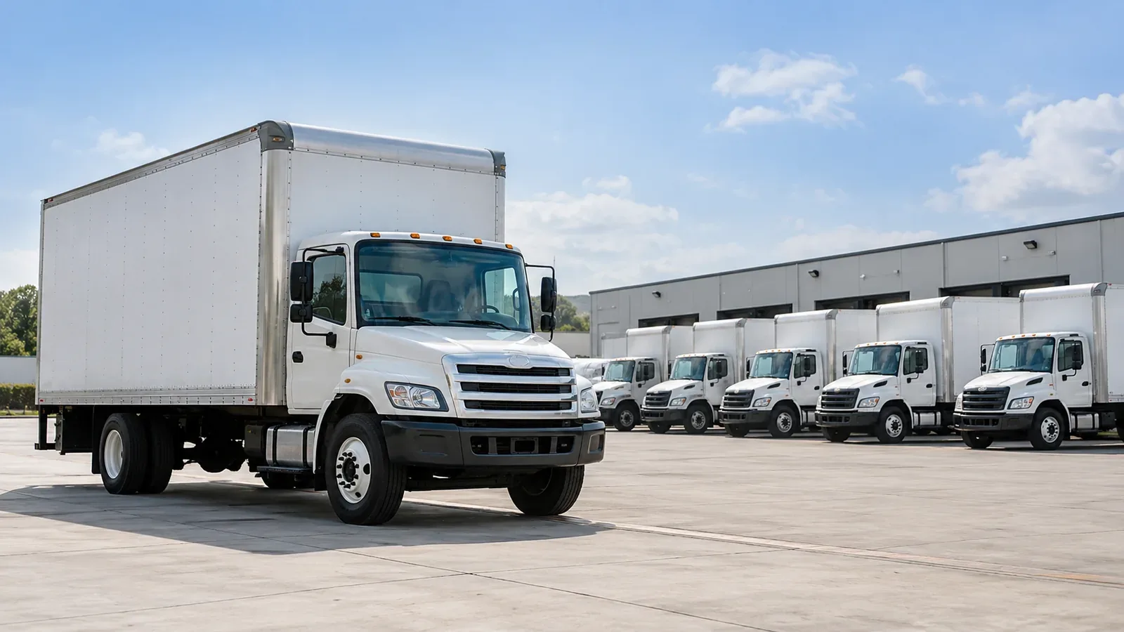 Commercial box truck fleet parked at a vehicle depot.