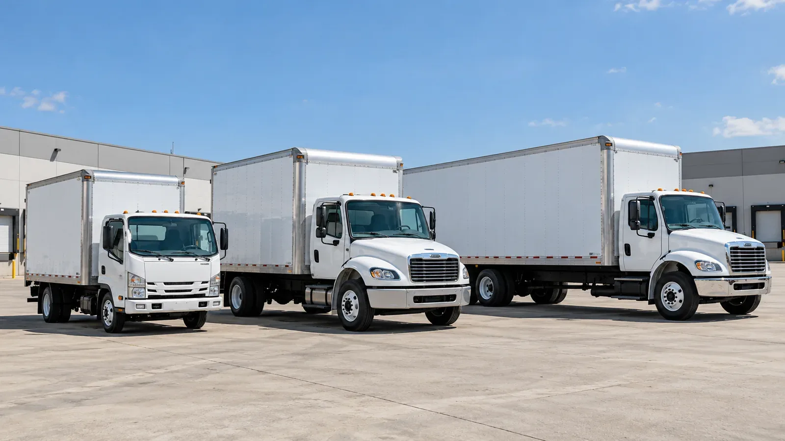 Three box trucks of different sizes parked side by side at a logistics depot.
