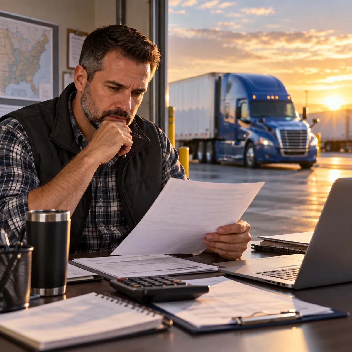 Trucking business owner reviewing financial responsibility documents with a semi-truck outside