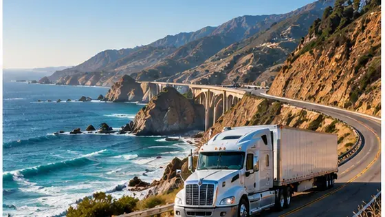 White semi truck traveling along a winding California coastal highway