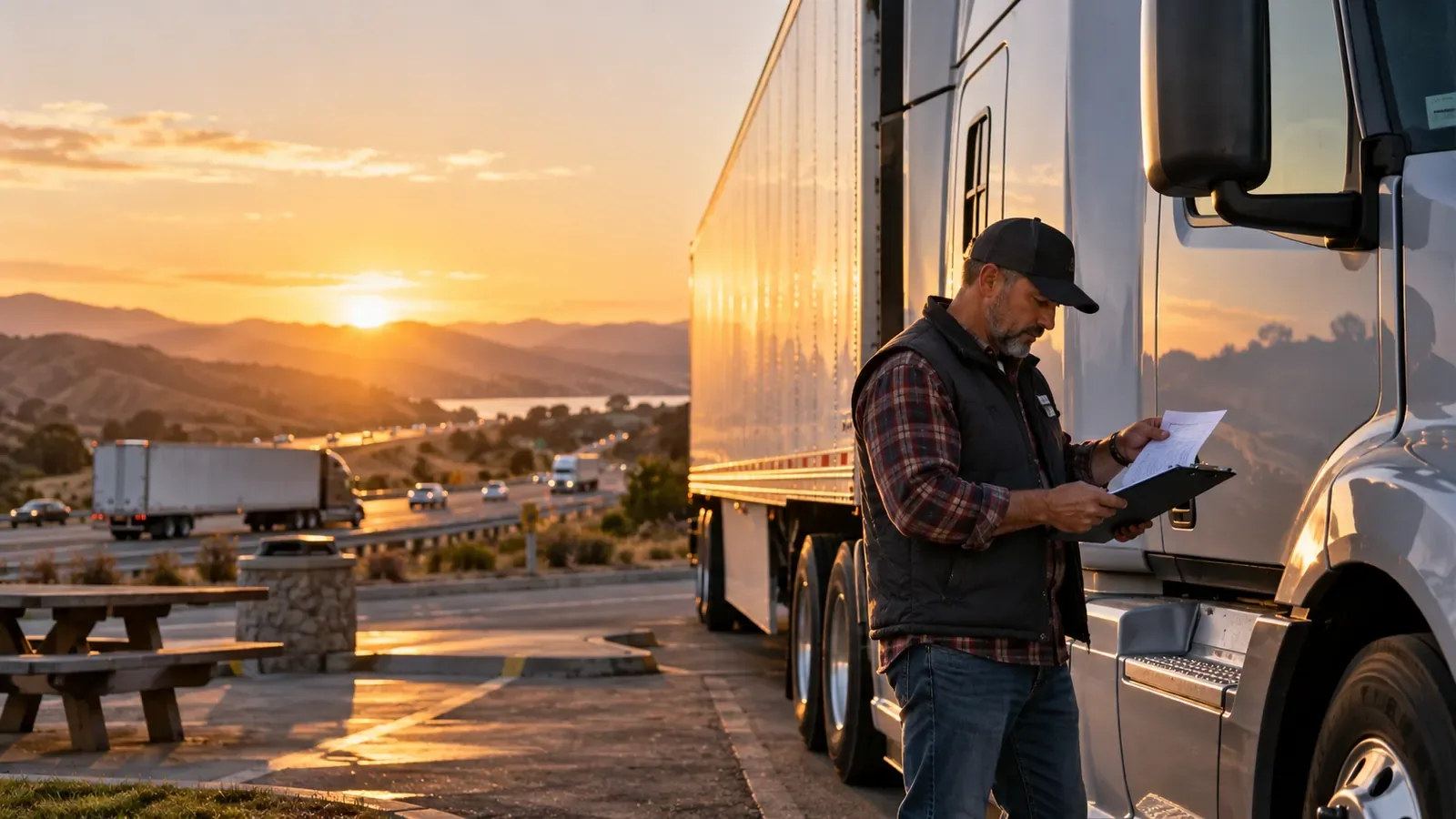 Truck driver reviewing mileage and registration records beside a semi-truck in California