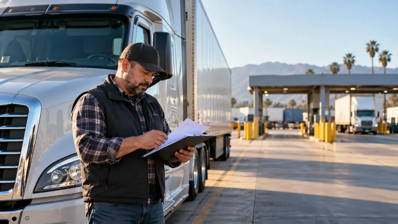 Commercial truck driver reviewing permit documents at a California logistics facility