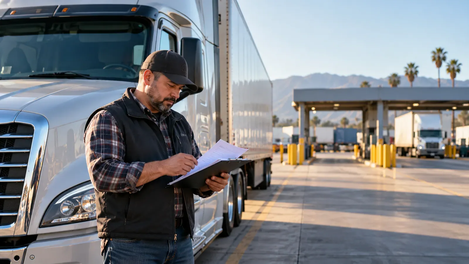 Commercial truck driver reviewing permit documents at a California logistics facility