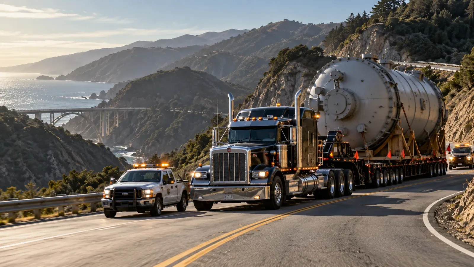 Oversize heavy-haul truck carrying industrial equipment on a California coastal highway