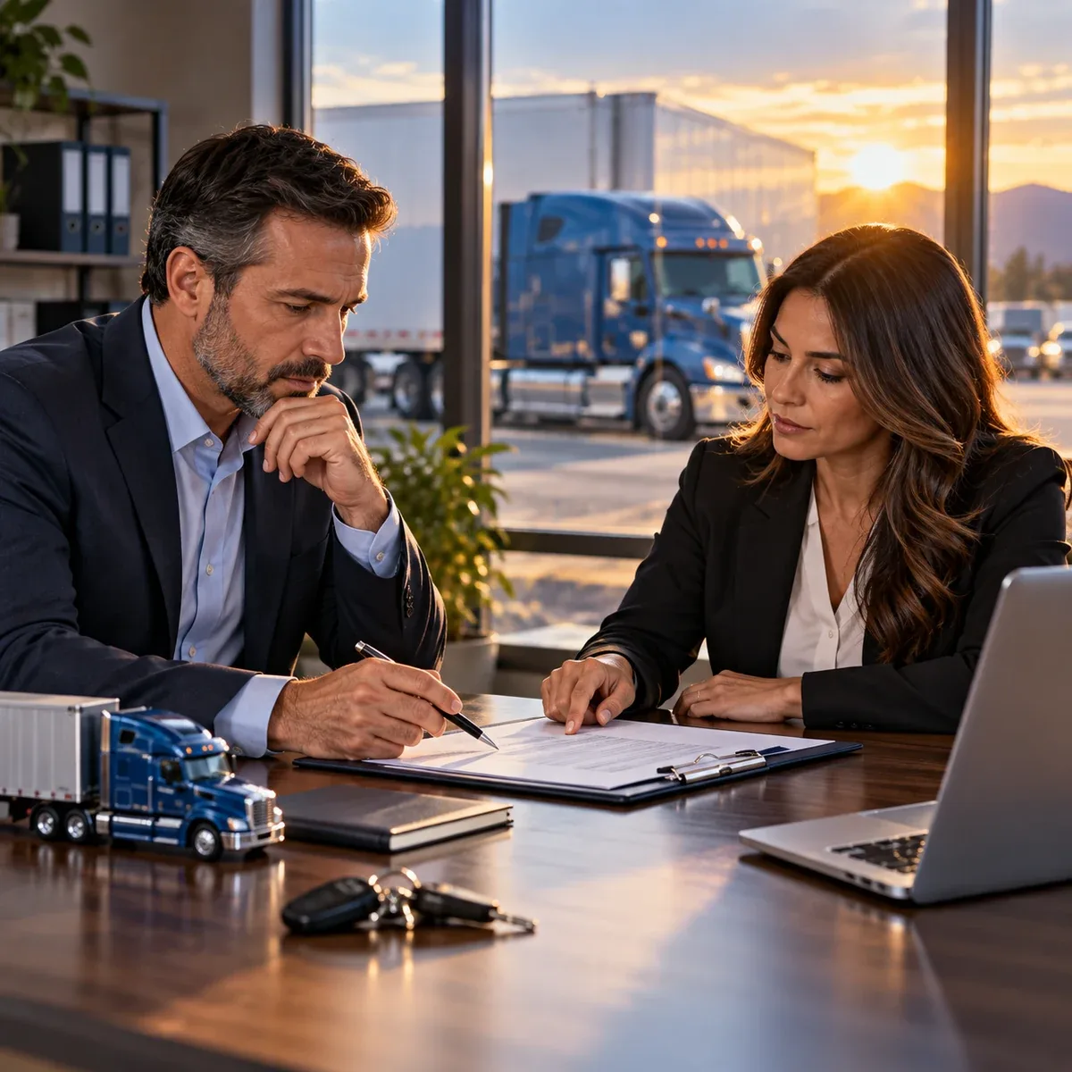 Business professionals reviewing trucking company acquisition documents beside a semi-truck