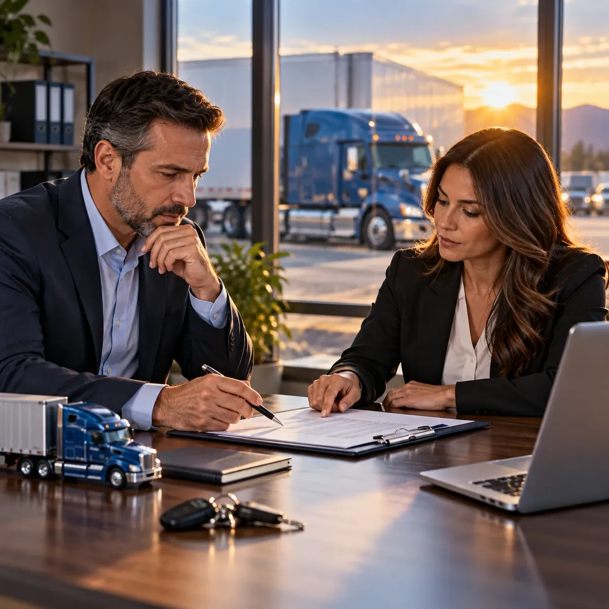Business professionals reviewing trucking company acquisition documents beside a semi-truck