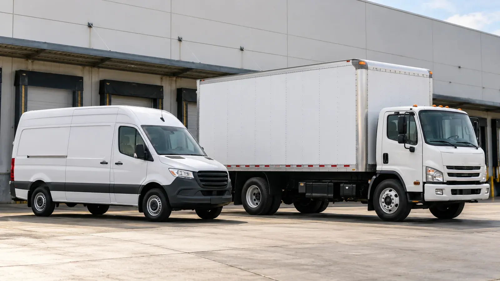 White commercial cargo van parked next to a larger box truck at a warehouse.