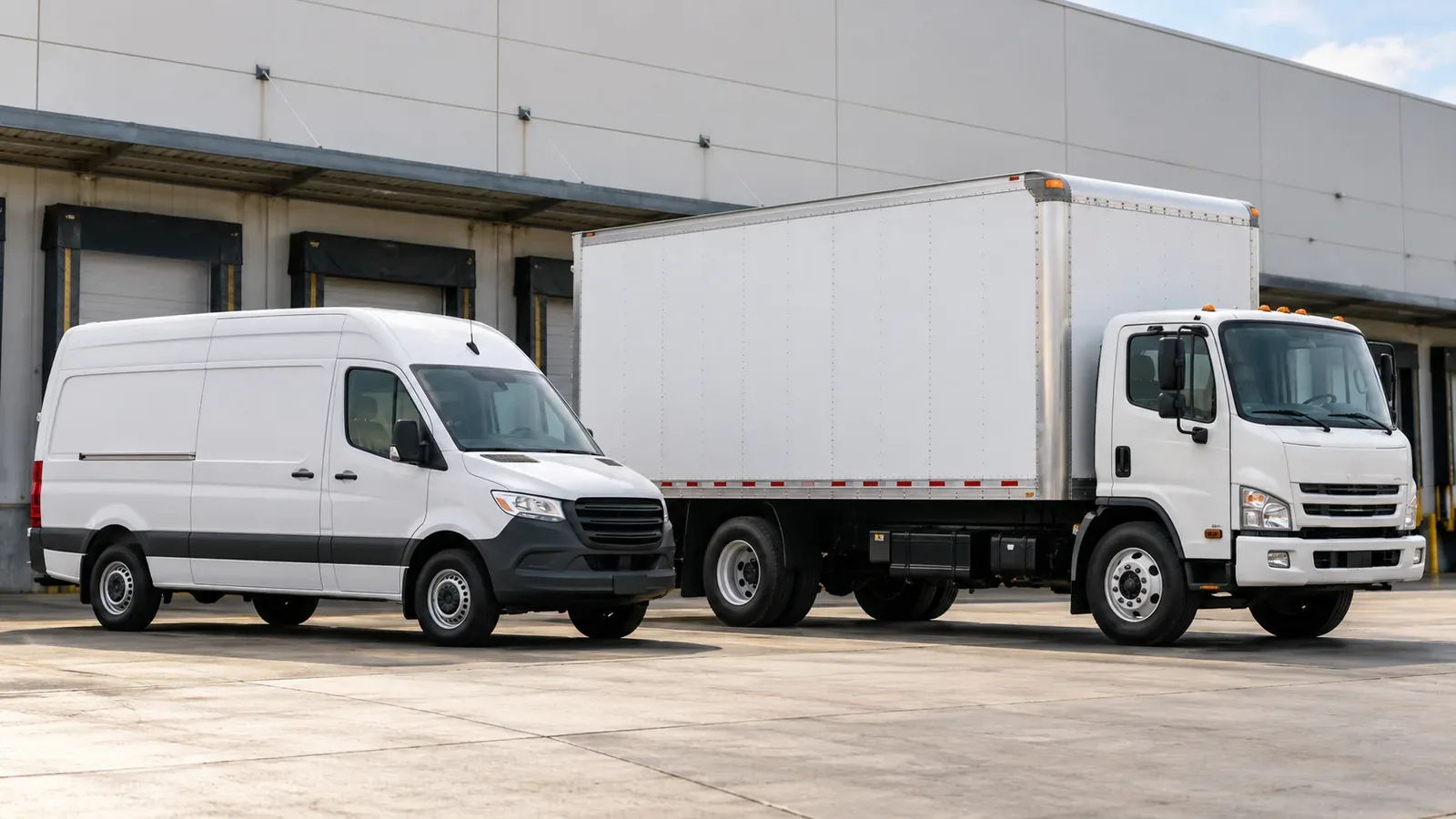 White commercial cargo van parked next to a larger box truck at a warehouse.