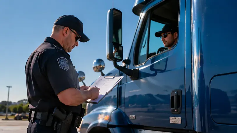 Inspector reviewing carrier paperwork with a driver beside a blue semi truck