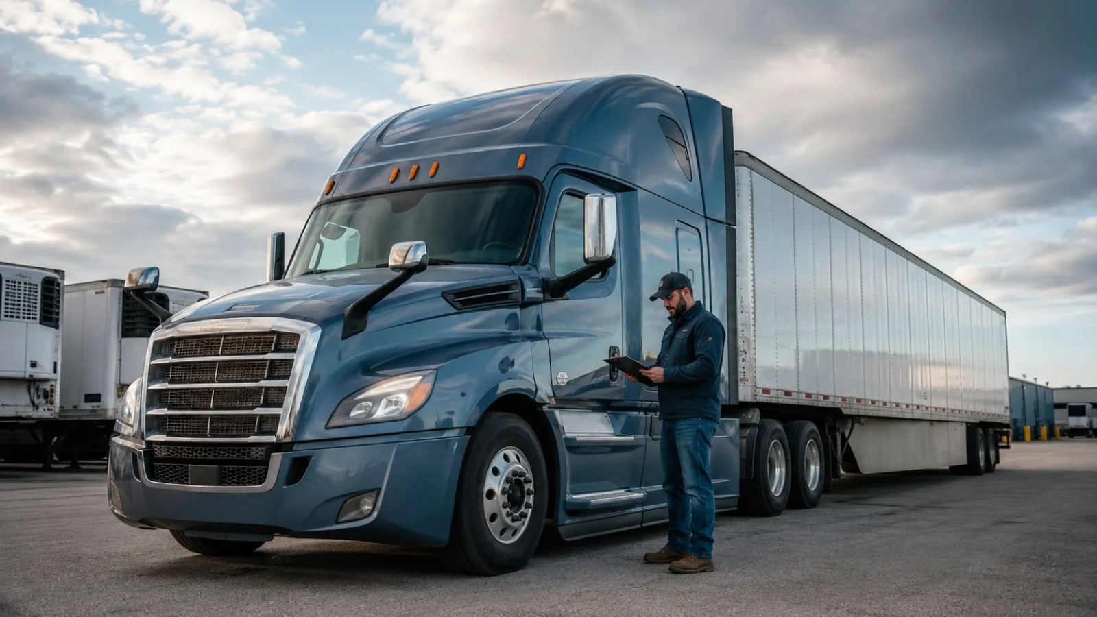 Owner-operator reviewing his commercial truck beside a semi-trailer in a freight yard