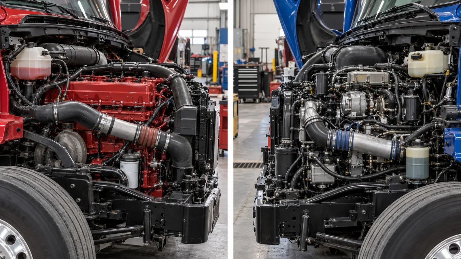 Two heavy-duty diesel truck engine compartments shown side by side in a workshop.