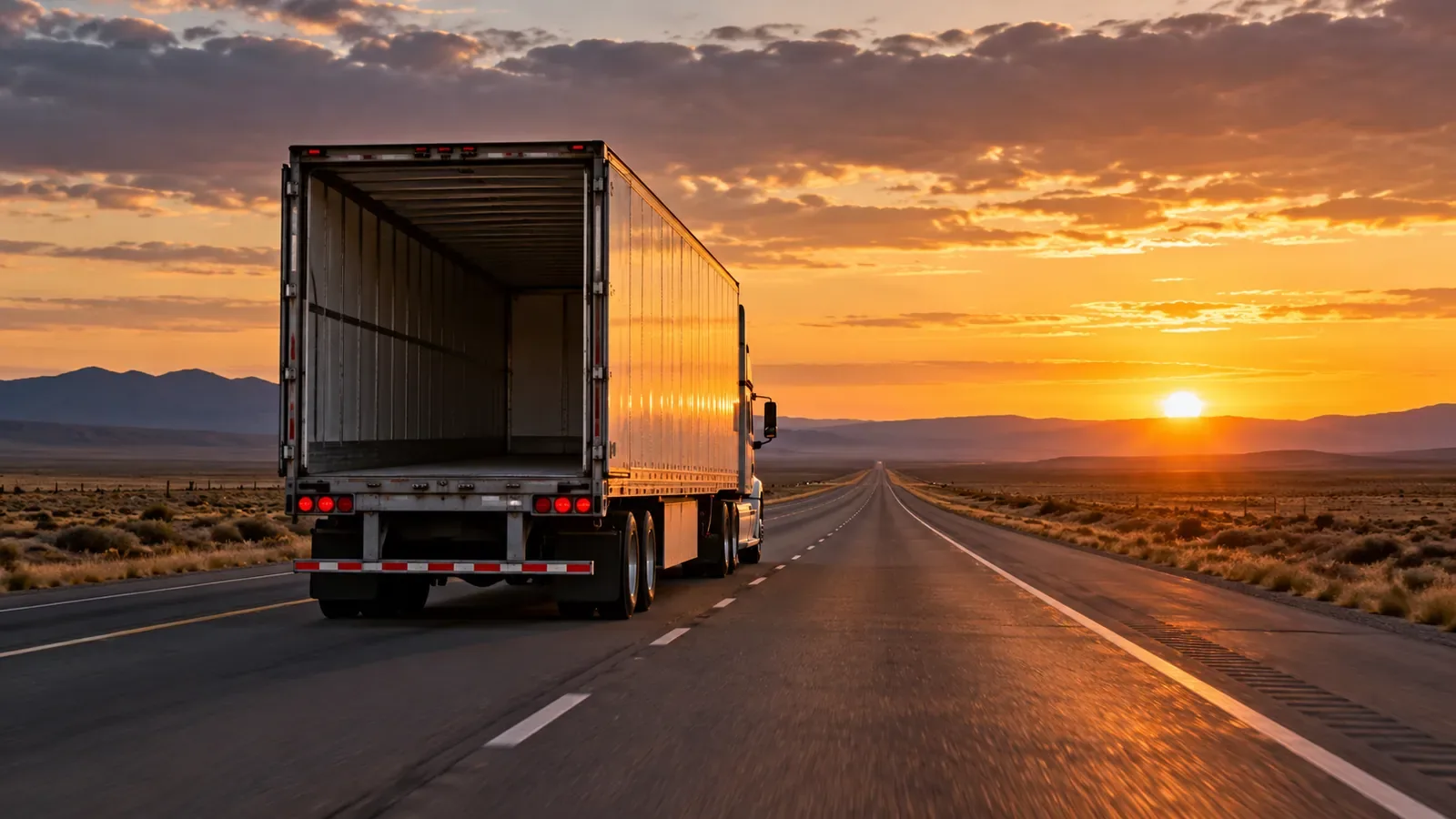 Semi truck pulling an empty trailer on a desert interstate at sunset