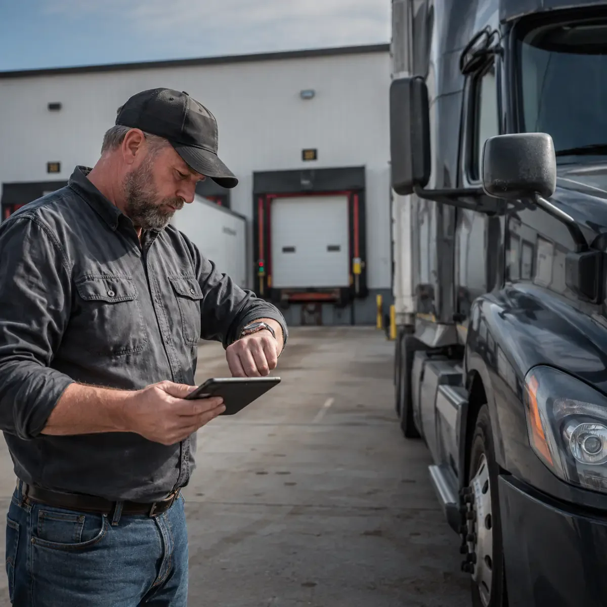 Owner-operator documenting detention time and accessorial charges while waiting at a freight facility
