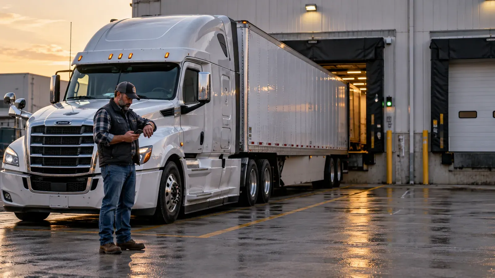 Truck driver checking the time while waiting at a warehouse loading dock