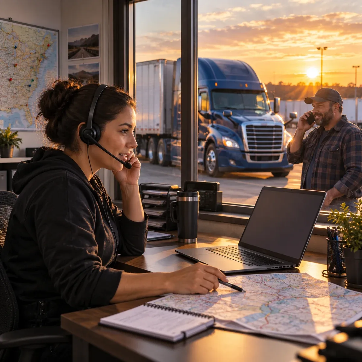 Freight dispatcher coordinating loads with an owner-operator at a trucking terminal