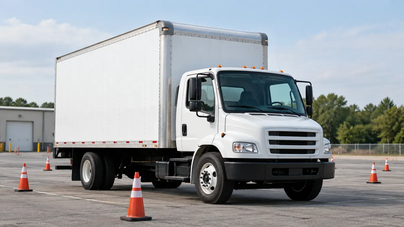 White box truck parked in an open commercial driving practice area.
