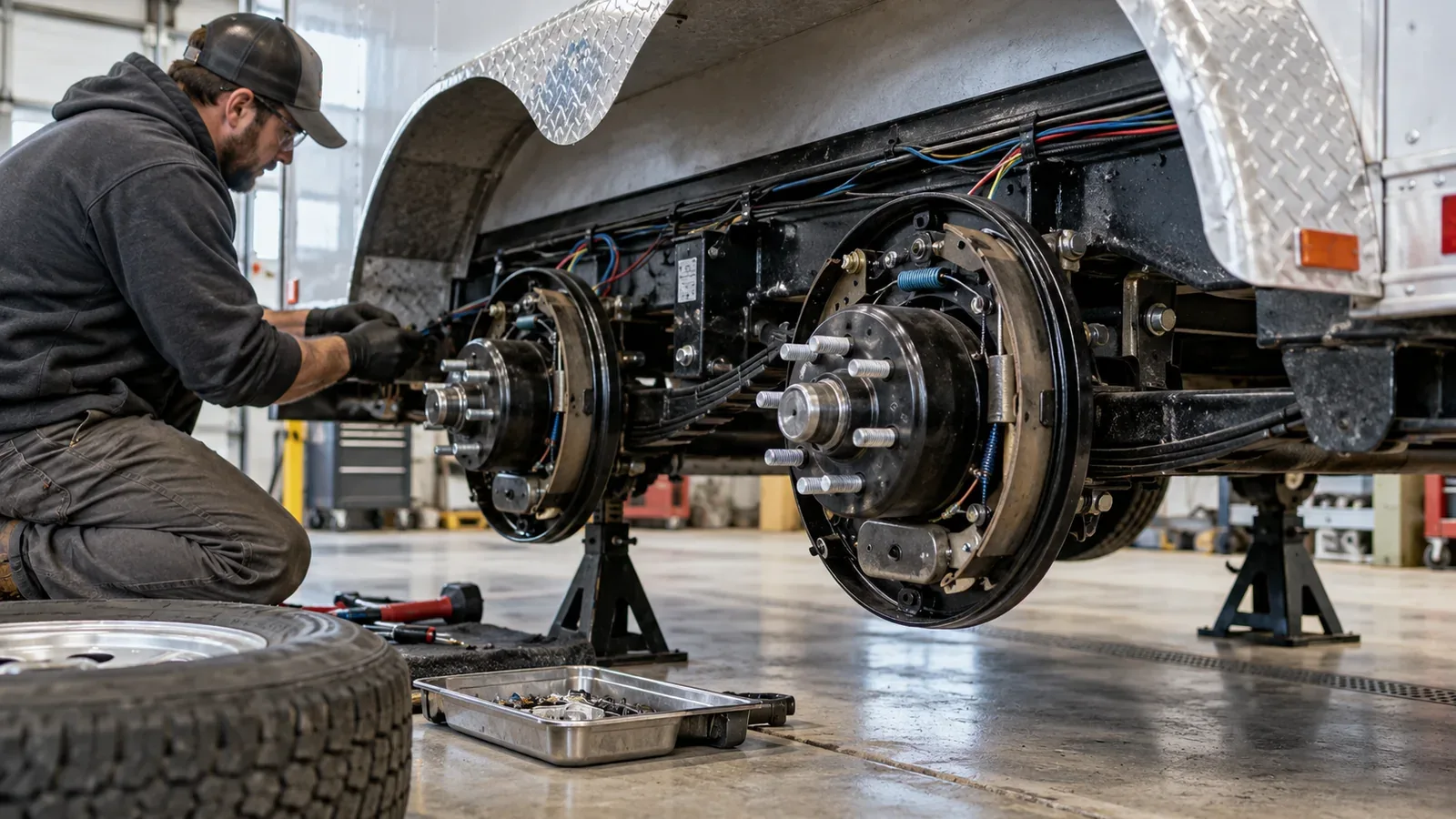 A technician checking the brake assemblies on a tandem-axle utility trailer in a workshop.