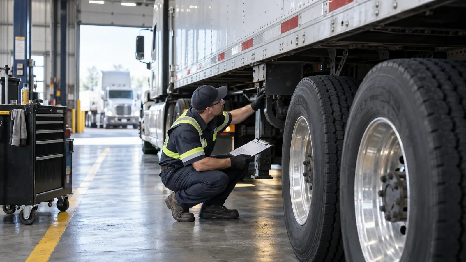 Qualified commercial vehicle inspector checking a semi-trailer undercarriage during a periodic inspection