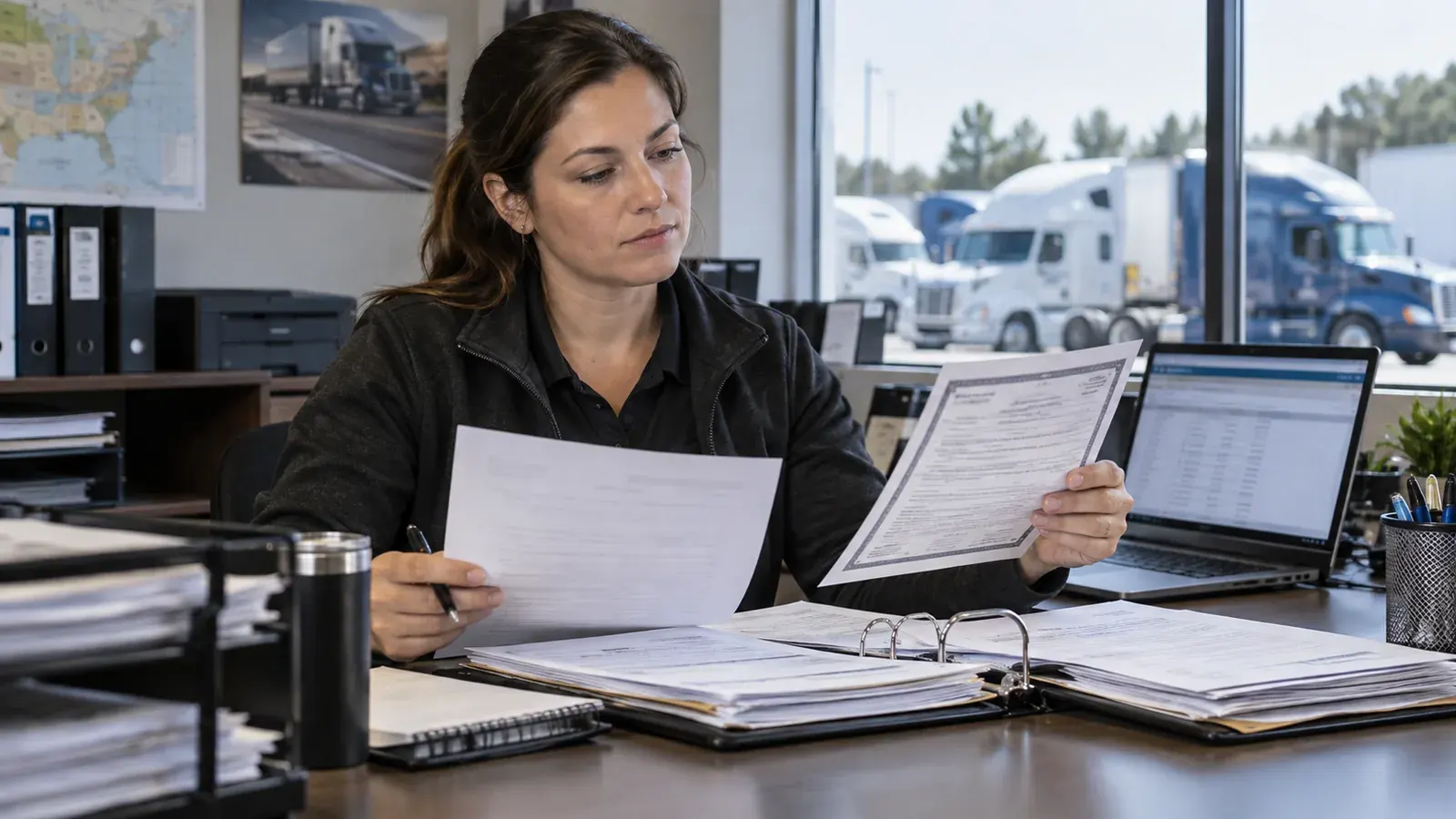 Trucking compliance professional reviewing medical certification records and driver qualification documents