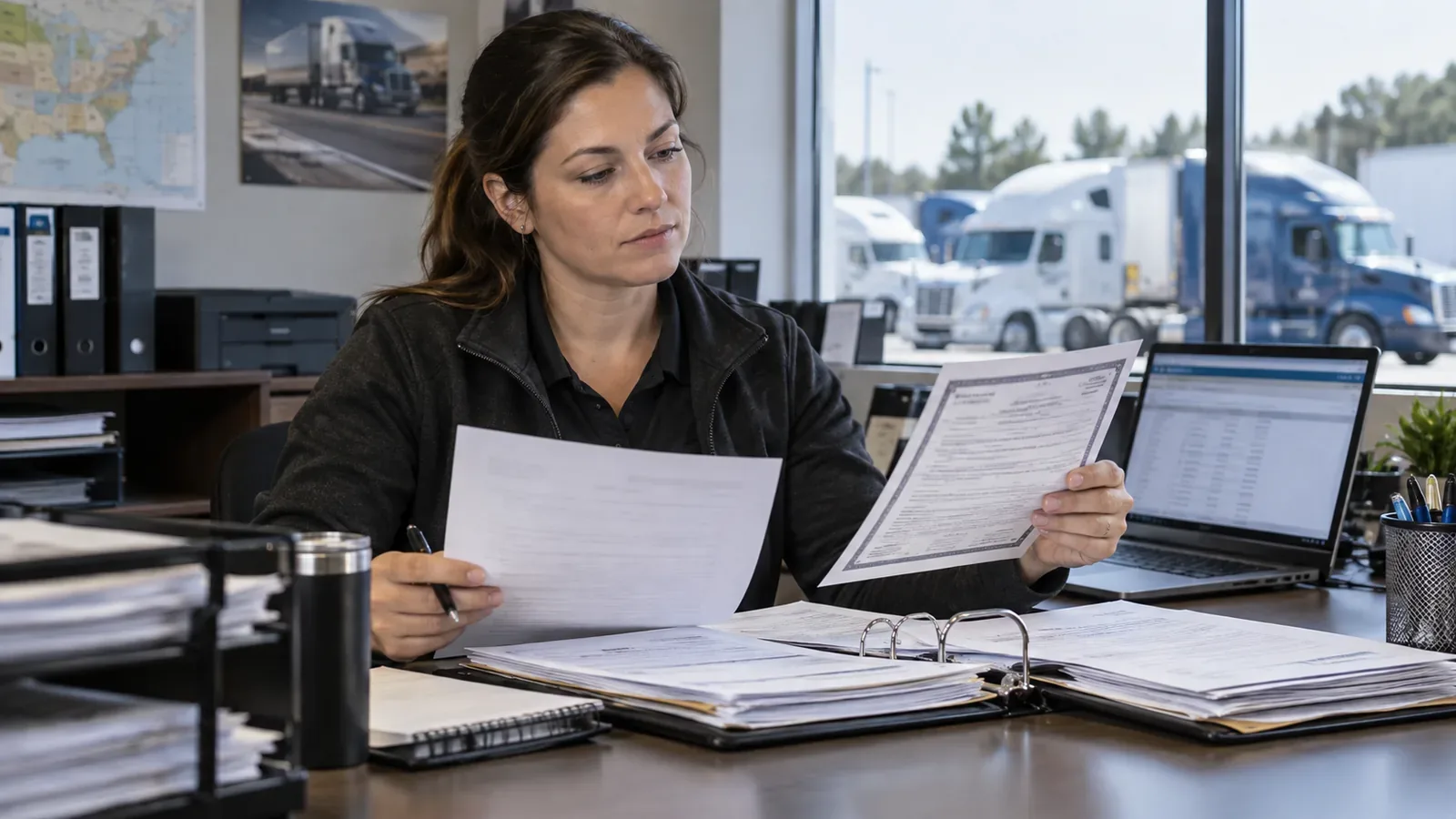 Trucking compliance professional reviewing medical certification records and driver qualification documents