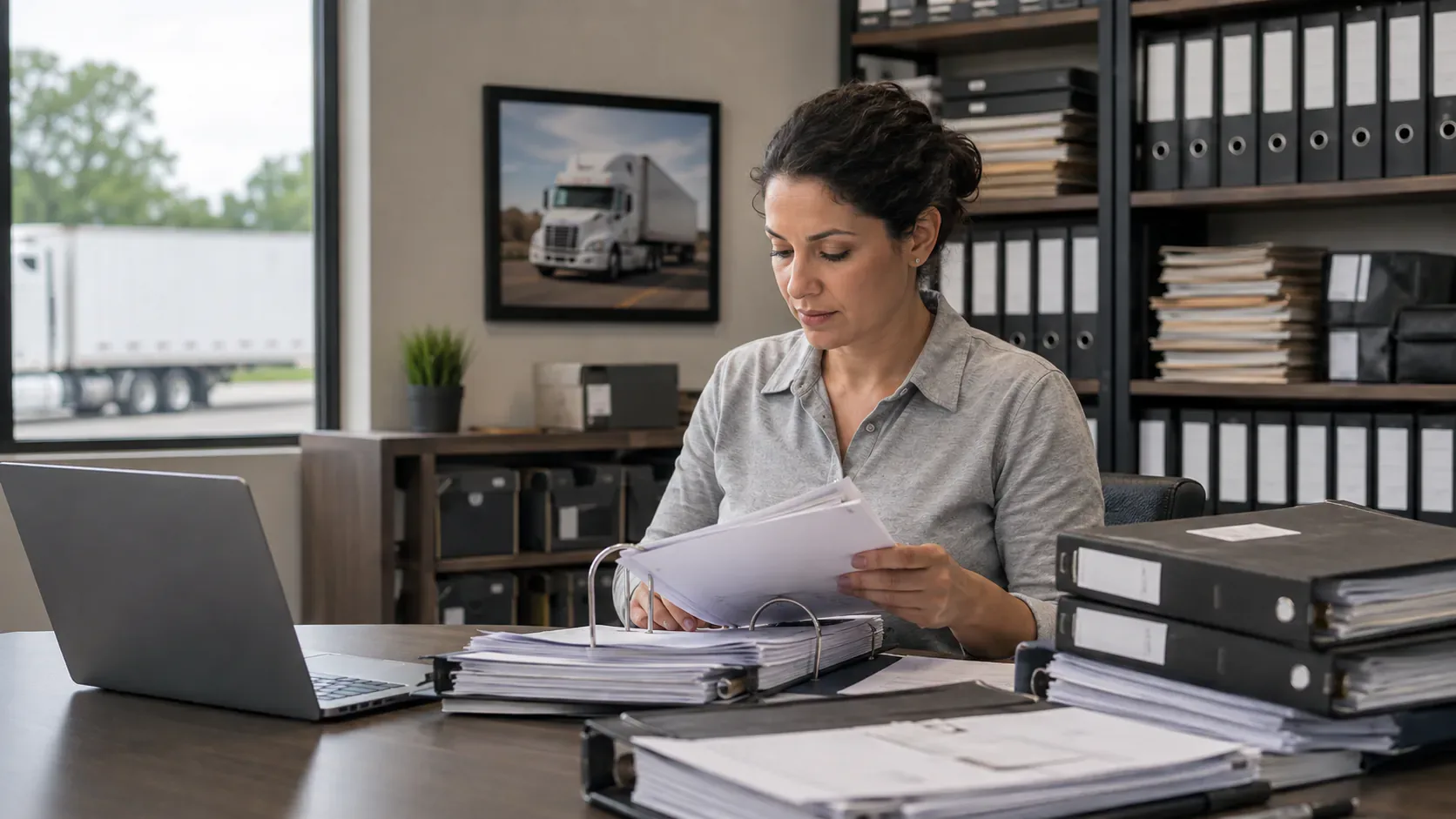 Trucking compliance manager organizing DOT records and retention files