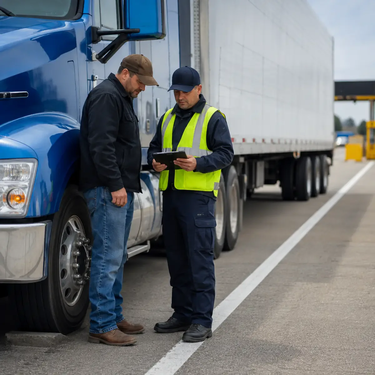 Commercial truck undergoing a DOT roadside inspection at a highway inspection station