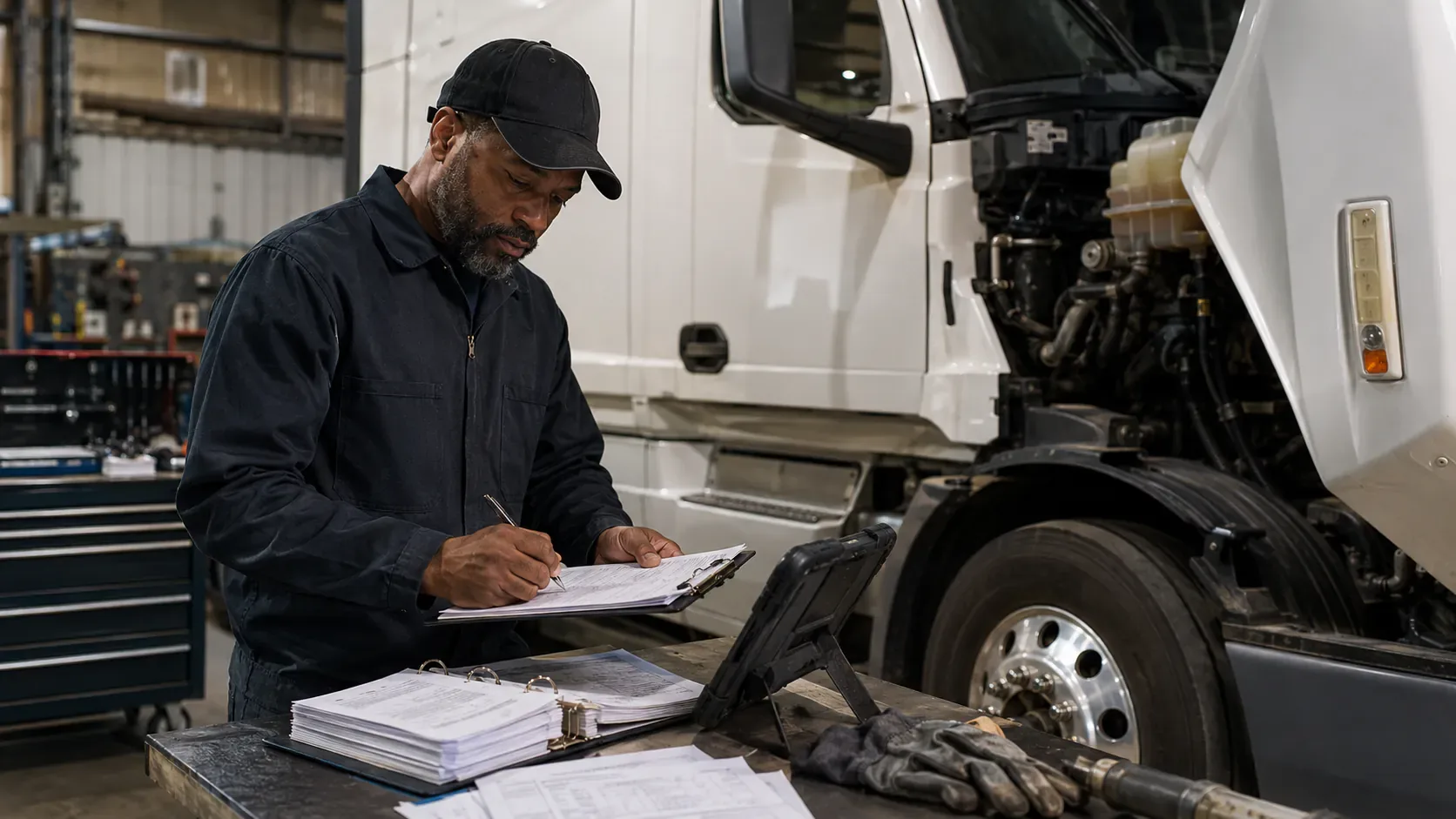 Commercial truck mechanic recording vehicle maintenance and inspection work