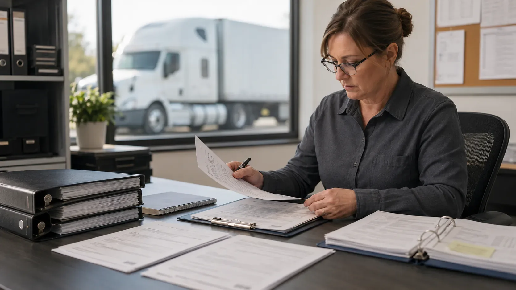 Compliance professional reviewing a driver qualification file in a trucking office