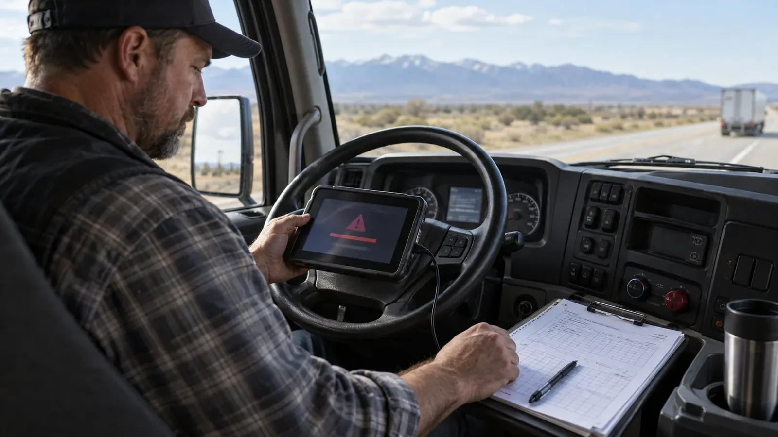 Commercial truck driver reviewing an ELD malfunction while preparing a paper log inside the cab