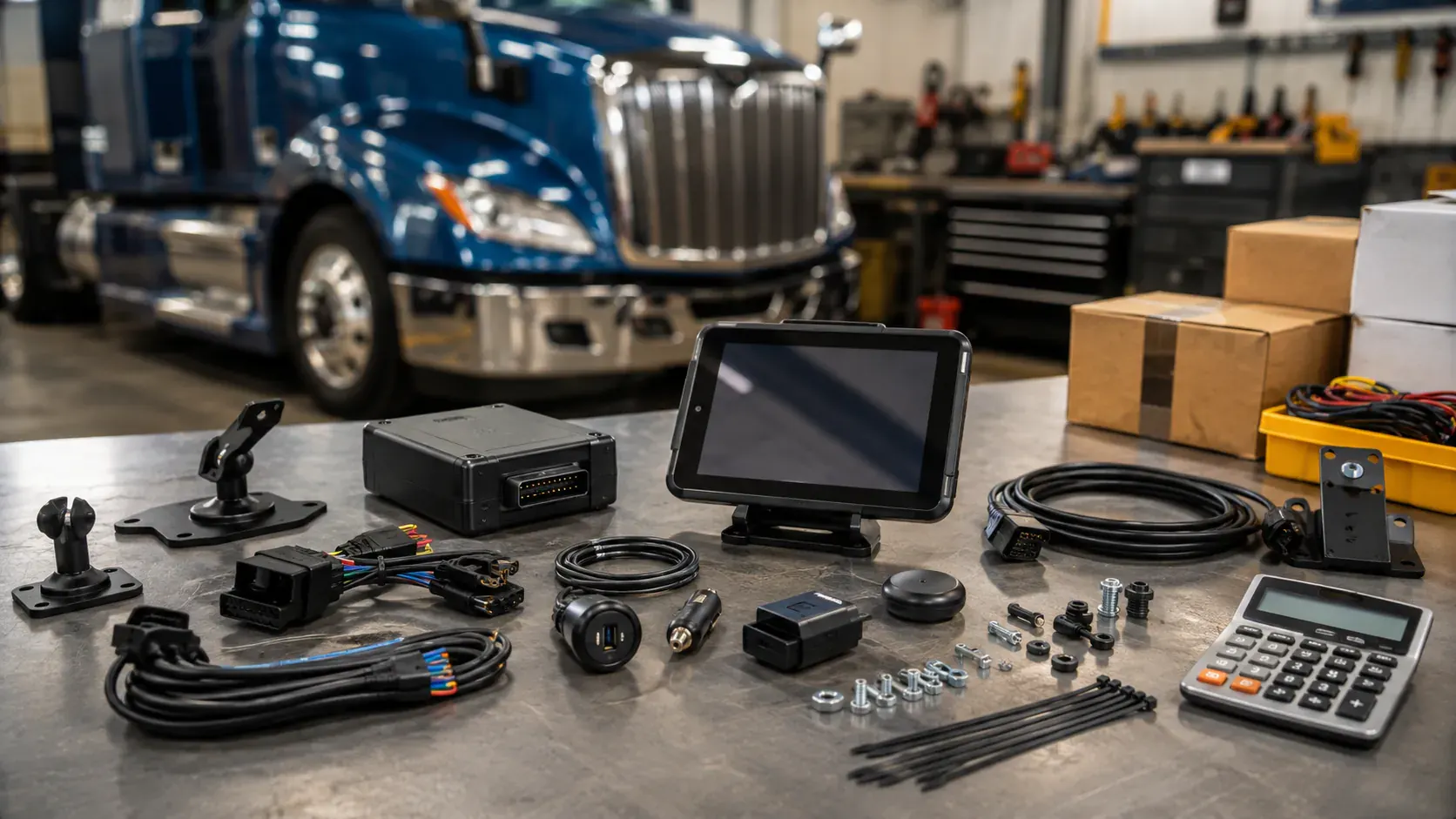ELD hardware, cables, mounting accessories and cost-related equipment on a workshop table