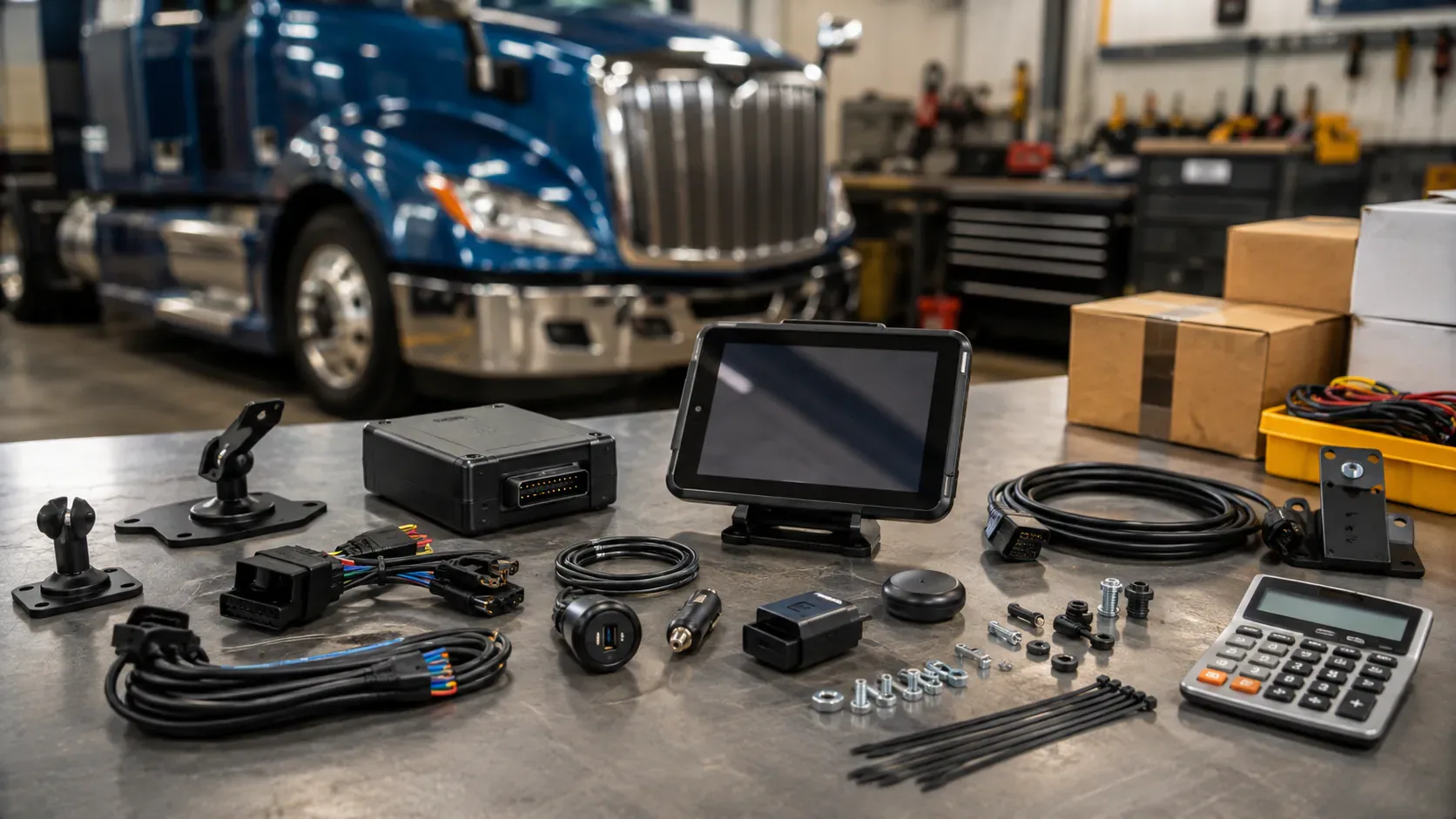 ELD hardware, cables, mounting accessories and cost-related equipment on a workshop table