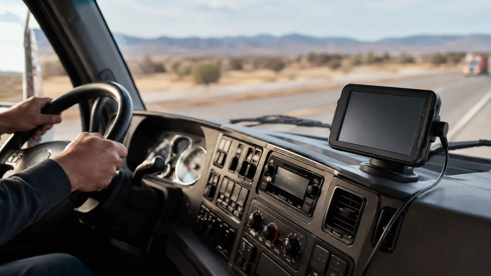 Electronic logging device mounted in a truck cab while driving on the highway