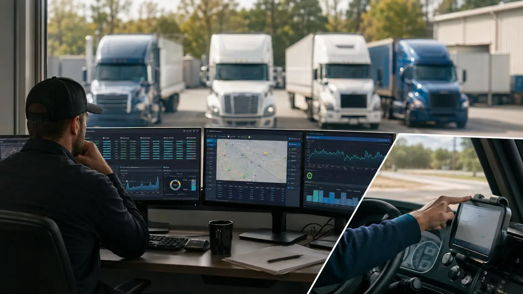 Small fleet operations dashboard with monitors and several commercial trucks in view
