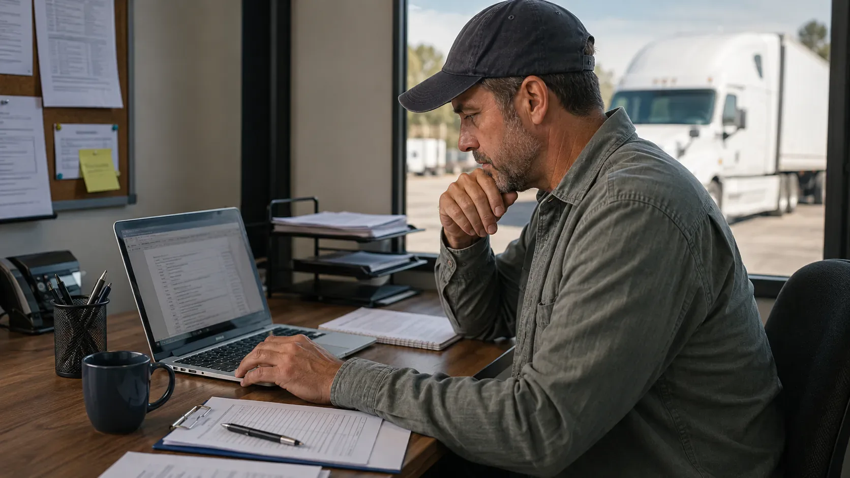 Owner-operator reviewing FMCSA compliance records on a laptop