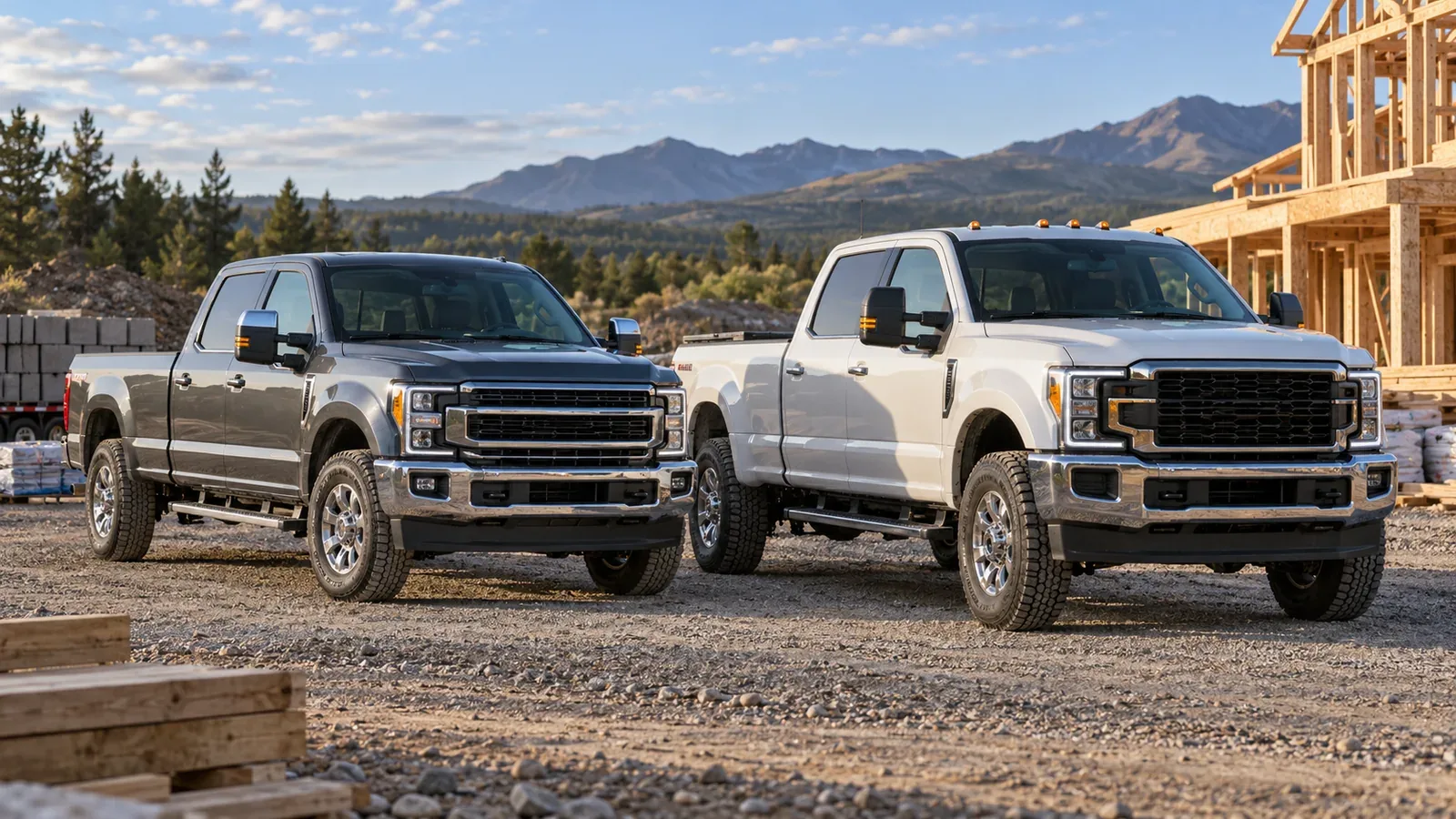 Two heavy-duty pickup trucks parked side by side at a rural construction site.