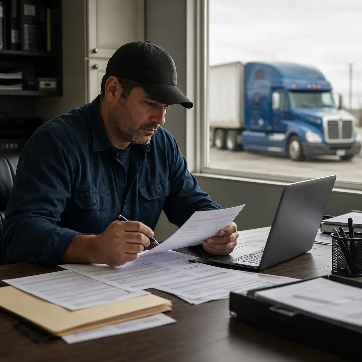 Owner-operator reviewing Form 2290 heavy highway vehicle tax records beside a tractor-trailer
