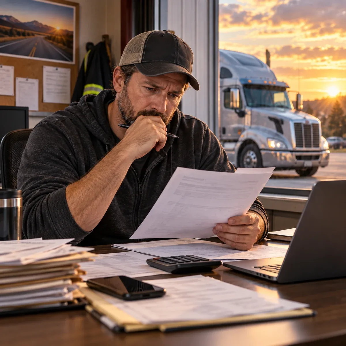 Owner-operator reviewing unpaid freight invoices and paperwork beside his semi-truck