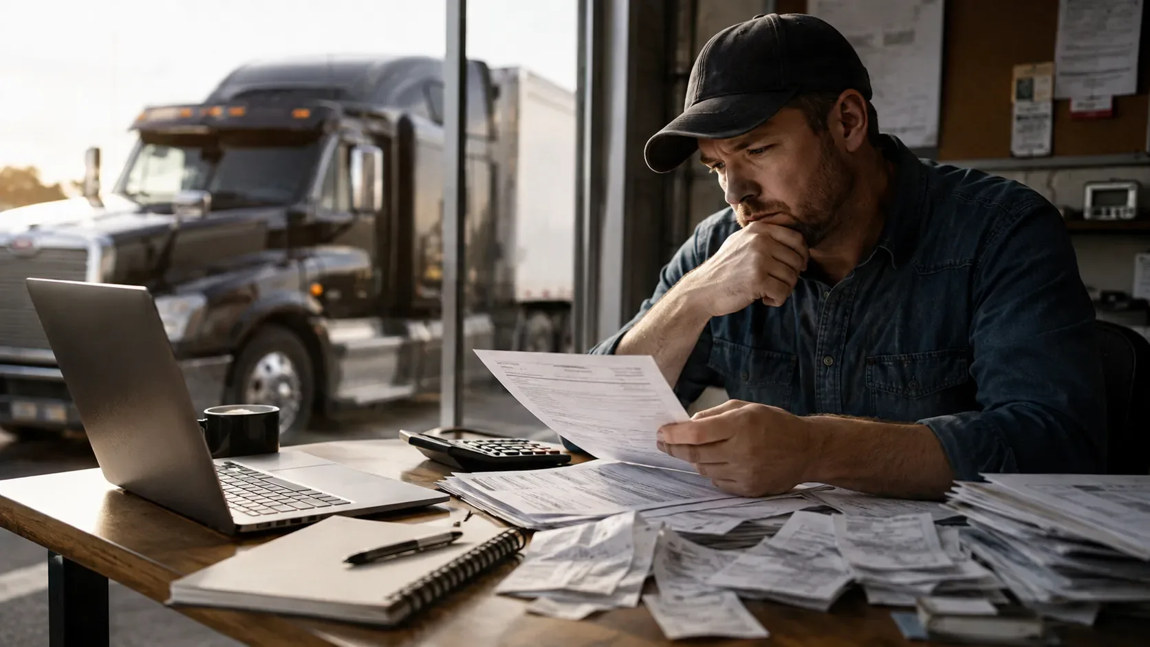 Owner-operator reviewing freight factoring deductions, receipts and business expenses beside his truck
